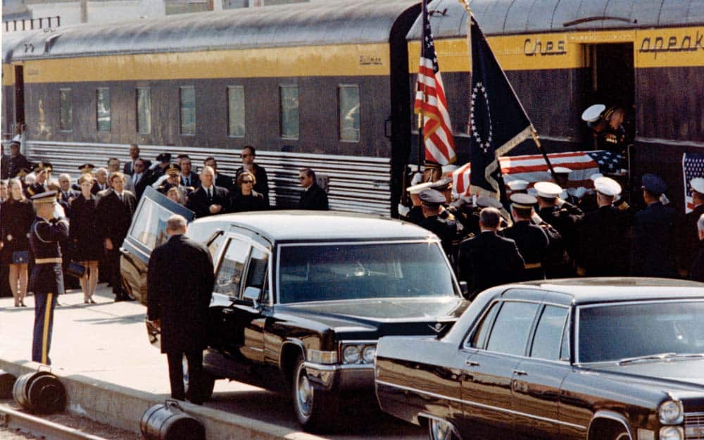 At 6:45 p.m. on April 2, 1969 the Eisenhower funeral train arrives in Abilene, Kansas. Photo courtesy of Dwight D. Eisenhower Presidential Library & Museum